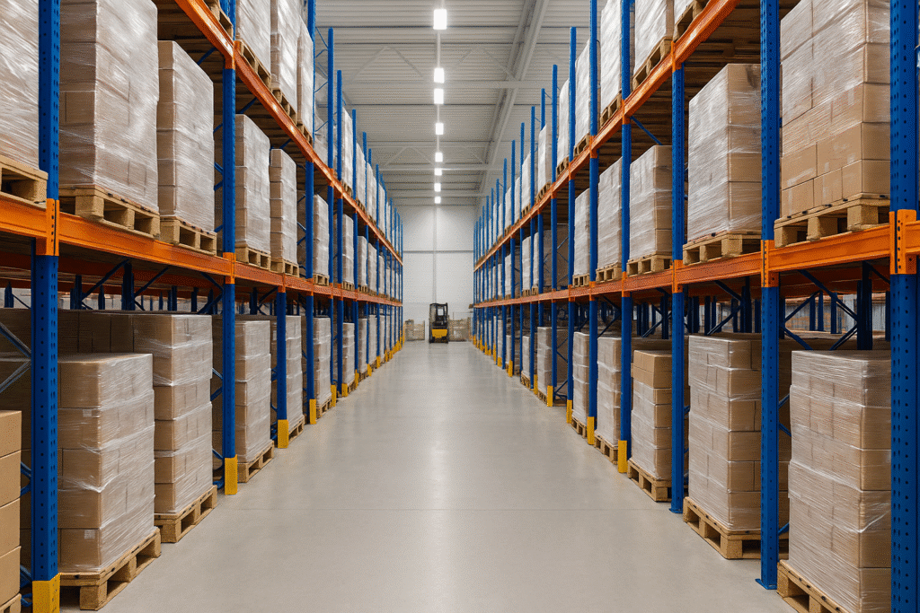 Wide aisle between tall metal pallet racks in a clean, modern warehouse with a forklift in the distance