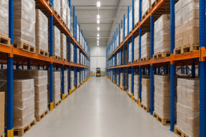 Wide aisle between tall metal pallet racks in a clean, modern warehouse with a forklift in the distance