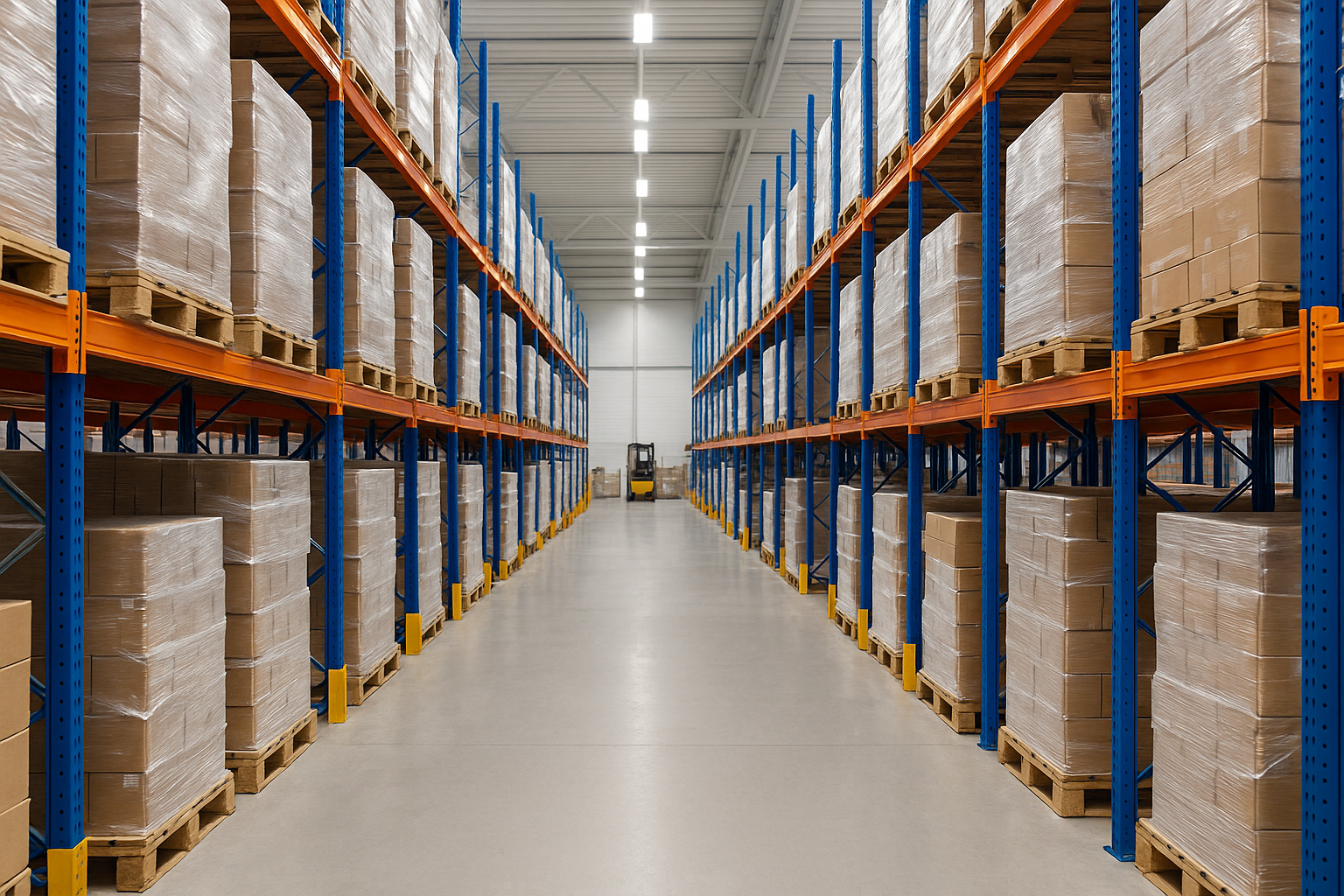 Wide aisle between tall metal pallet racks in a clean, modern warehouse with a forklift in the distance