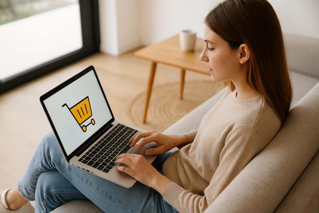 Woman sitting on a sofa using a laptop to shop online, representing the rise of ecommerce shopping in the UK
