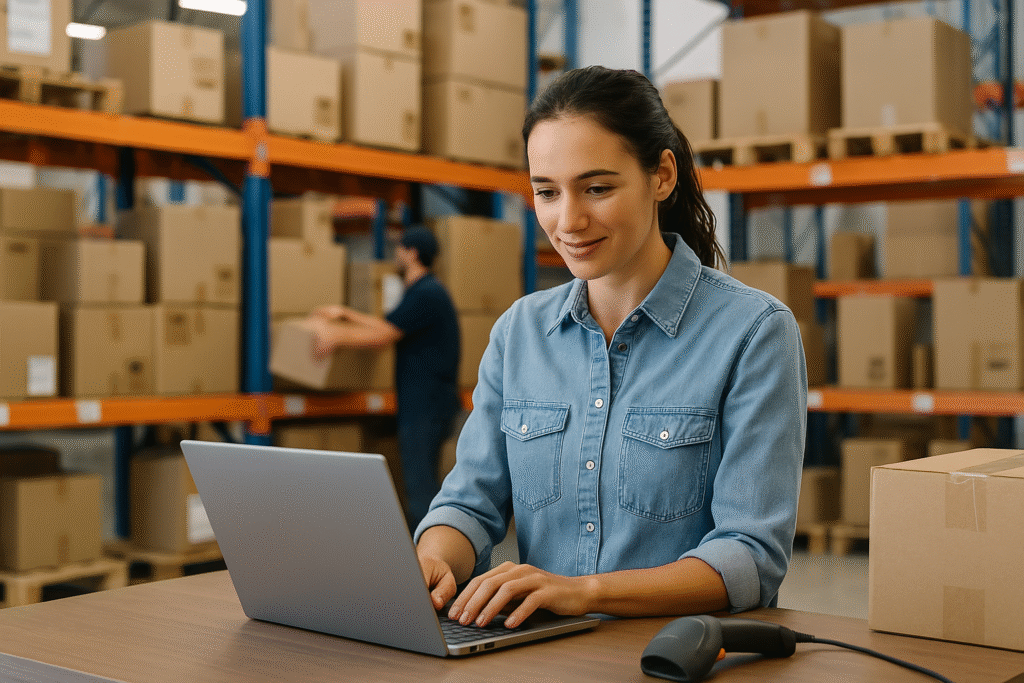 Shopify business owner managing online orders in a modern UK fulfilment warehouse powered by EFCL.