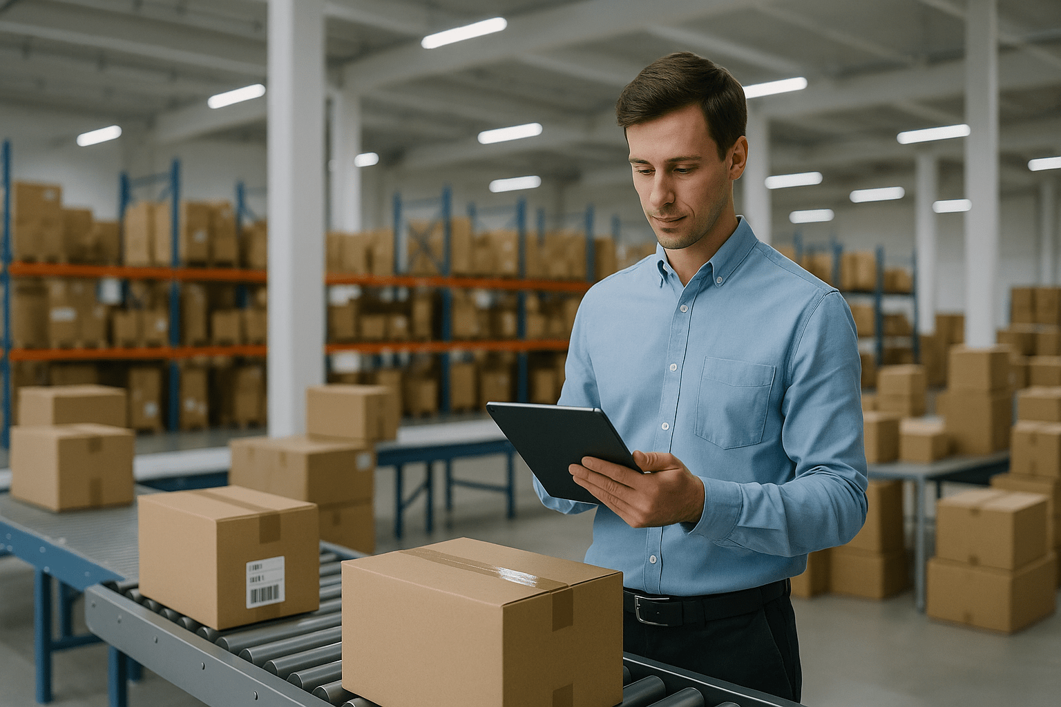 Business owner using a tablet in a modern warehouse for Sell Smart Fulfilment by EFCL UK.