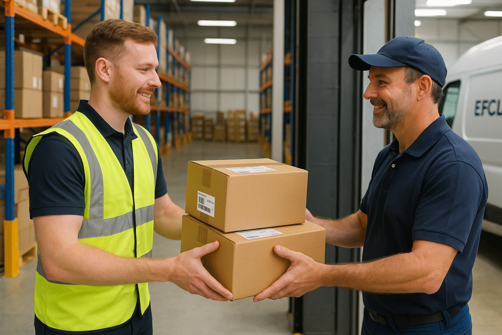 EFCL UK warehouse team handing over parcels to a courier for efficient eCommerce postage and delivery.