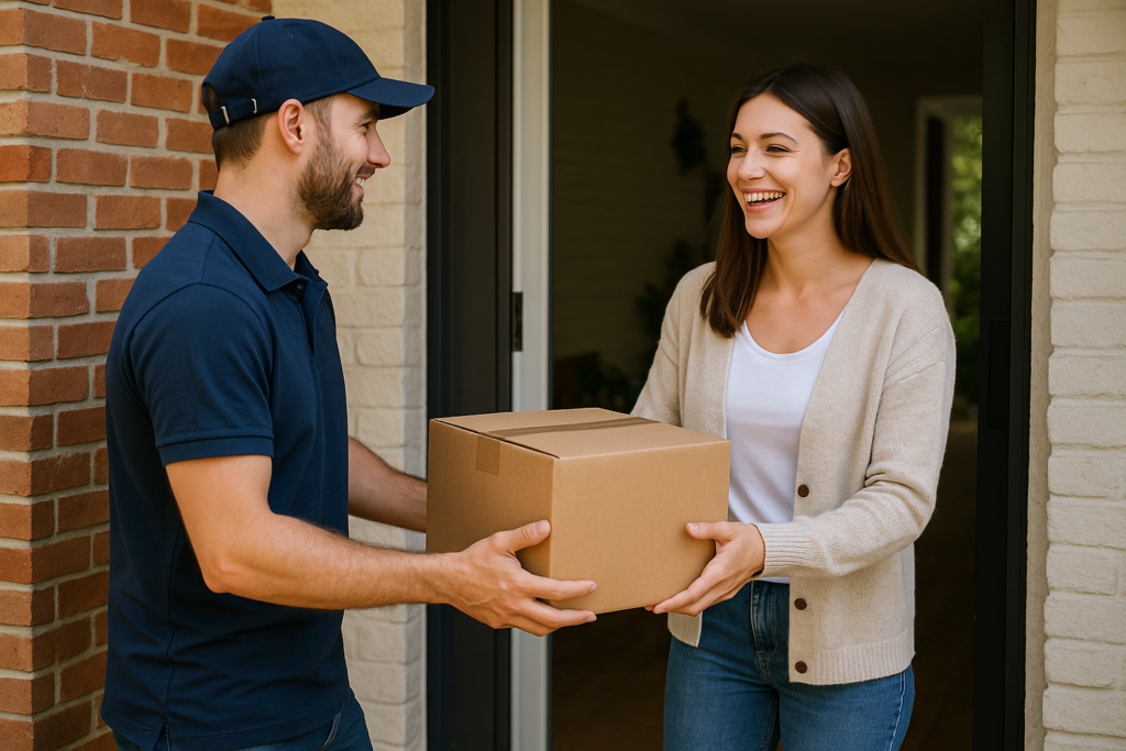 eCommerce courier completing a successful delivery after resolving non delivery issues