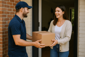 eCommerce courier completing a successful delivery after resolving non delivery issues