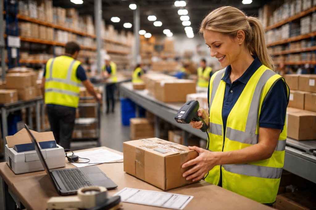 Warehouse staff picking and packing ecommerce orders in a UK fulfilment centre