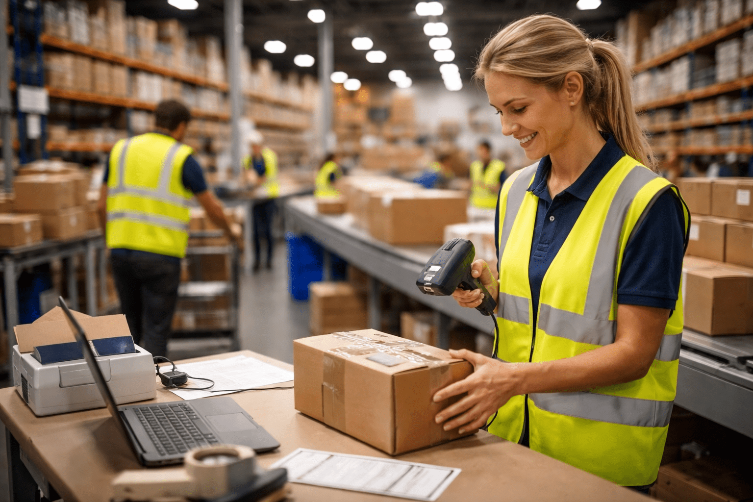 Warehouse staff picking and packing ecommerce orders in a UK fulfilment centre