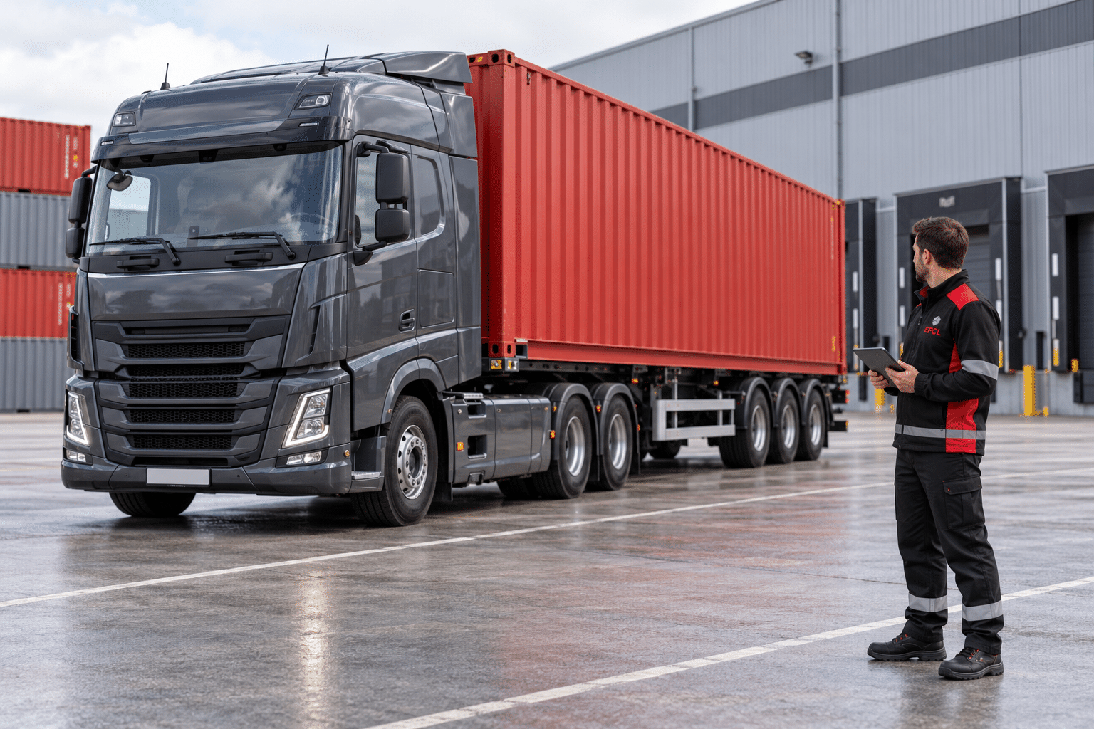 Grey lorry hauling a red shipping container at a warehouse yard, with a worker holding a tablet
