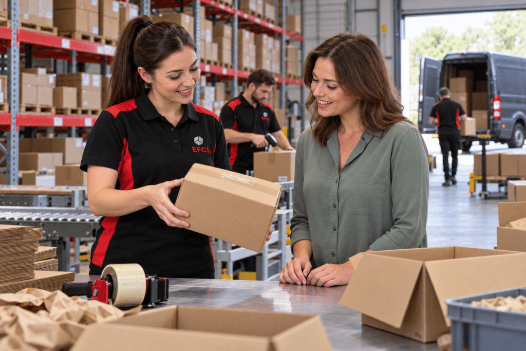 EFCL warehouse worker showing a cardboard box to a smiling customer at a packing station