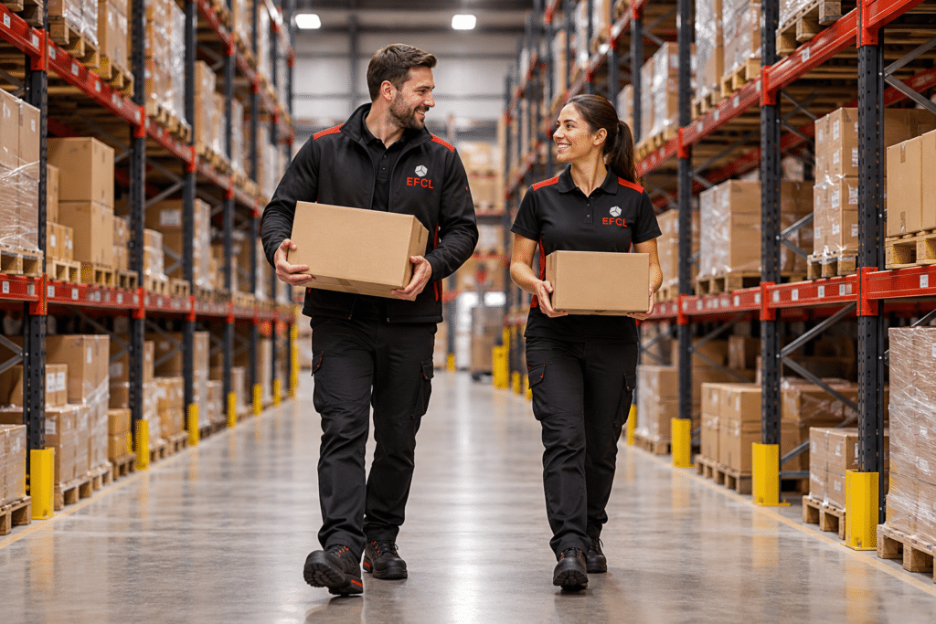 Two EFCL staff in black uniforms carrying cardboard boxes along a warehouse aisle lined with stocked pallet racking