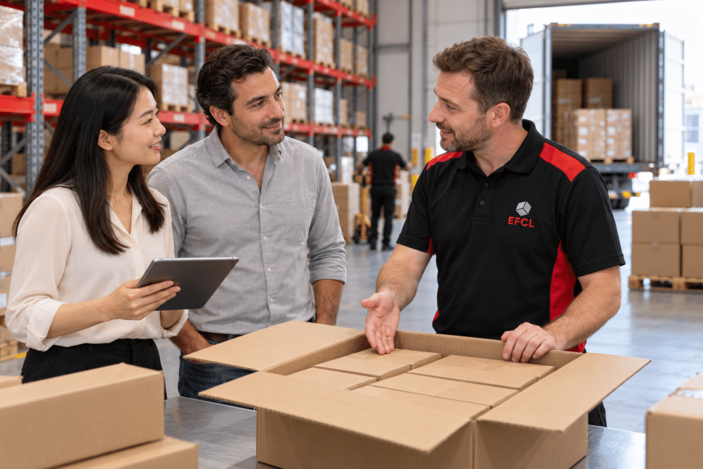 EFCL staff member shows two clients an open cardboard box in a warehouse with pallet racking and a loaded lorry
