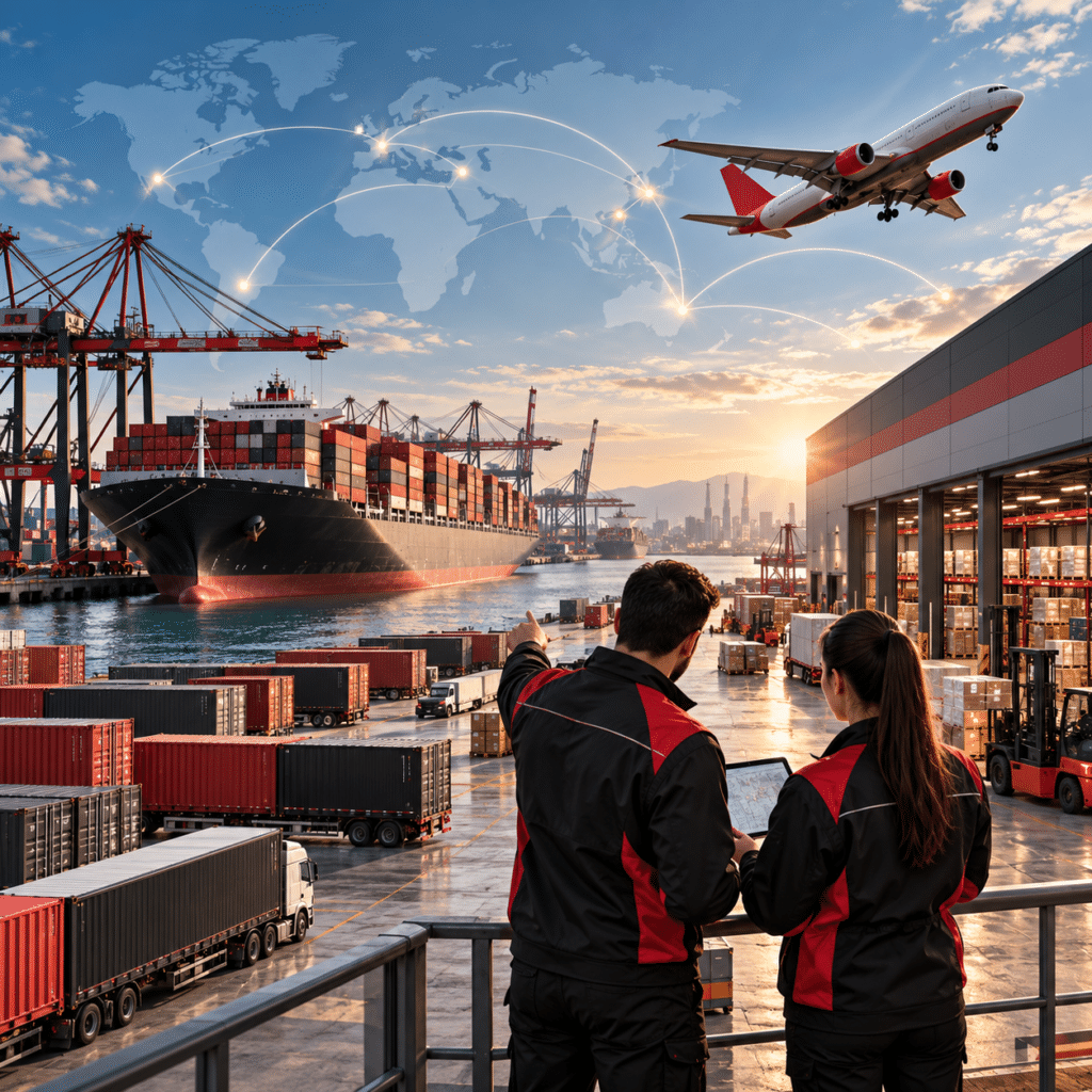 Two workers with a tablet overlooking a container port, cargo ship, warehouse and plane above a world map