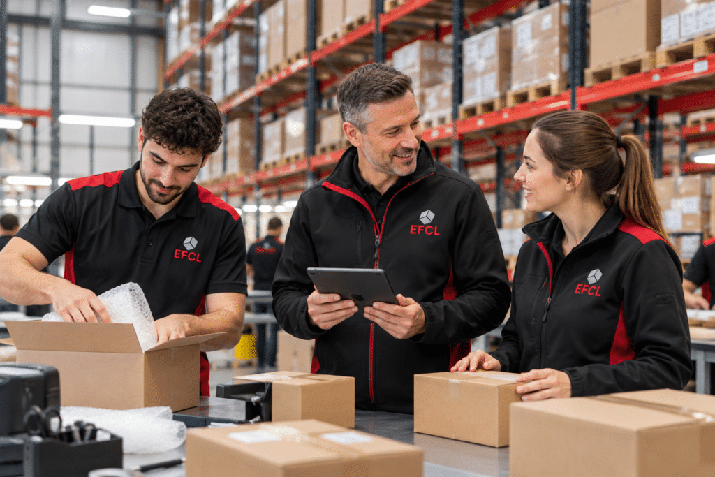 Three smiling EFCL staff packing cardboard boxes with bubble wrap at a warehouse packing bench with a tablet