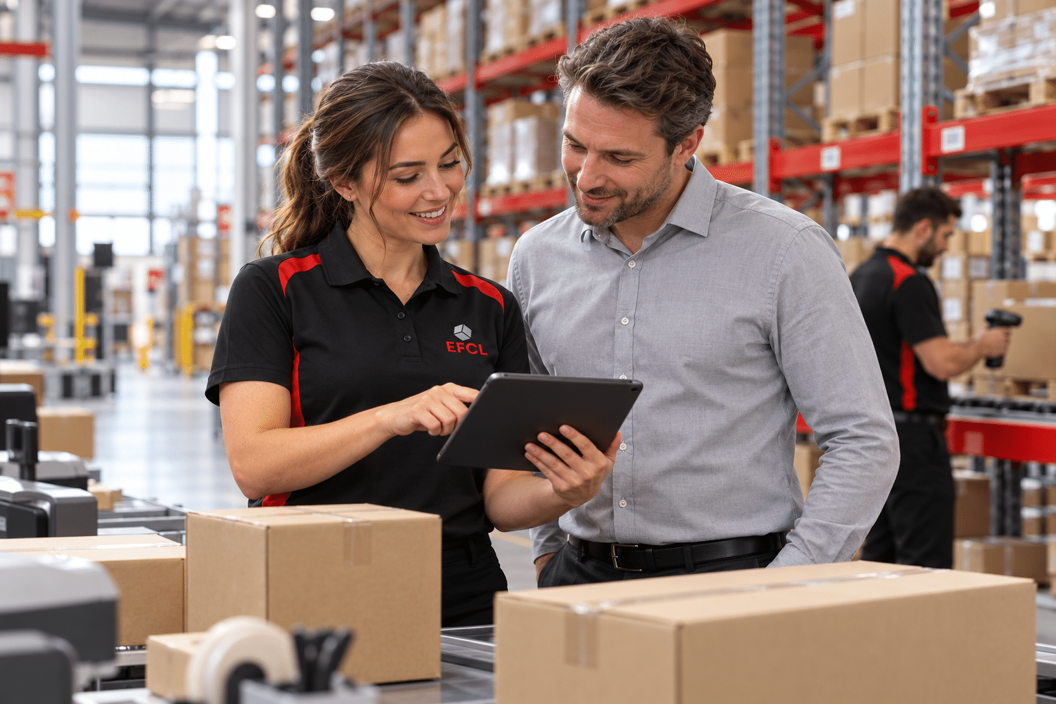 EFCL staff member showing a tablet to a client beside parcels in a warehouse with pallet racking